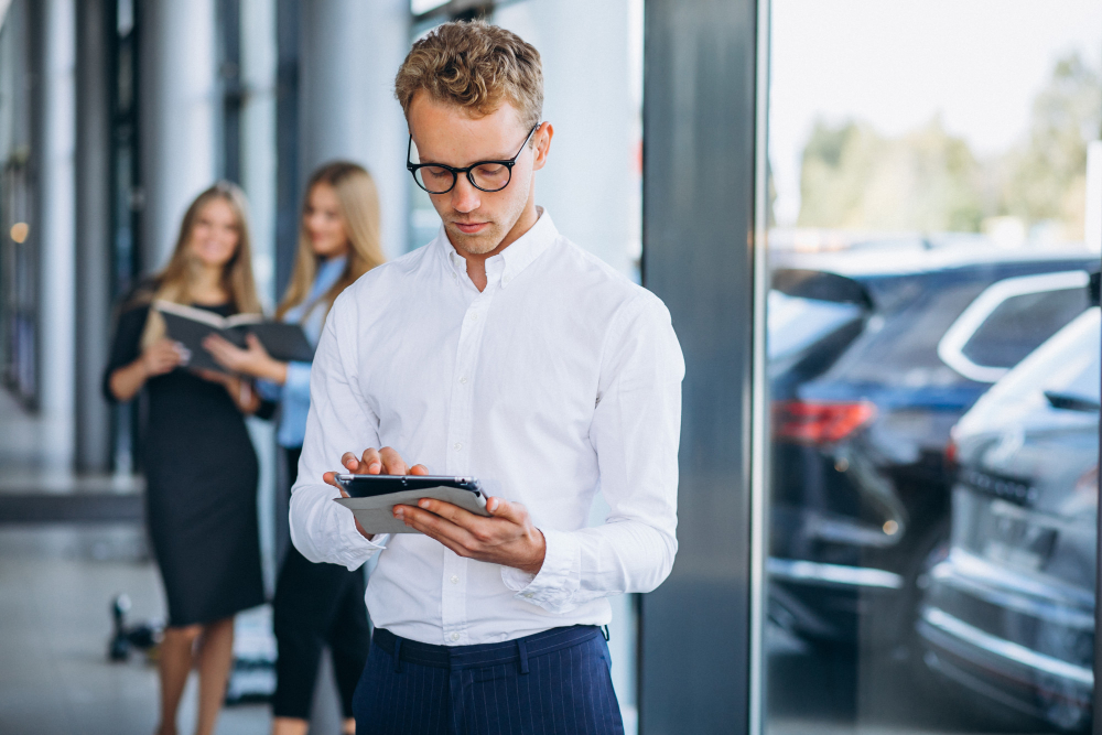 Man checking auto loan interest rates on a tablet before visiting a dealership, with cars parked in the lot behind him