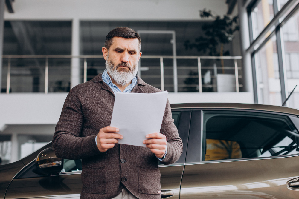 Man reviewing insurance paperwork beside a car, representing comparing quotes to find cheap car insurance