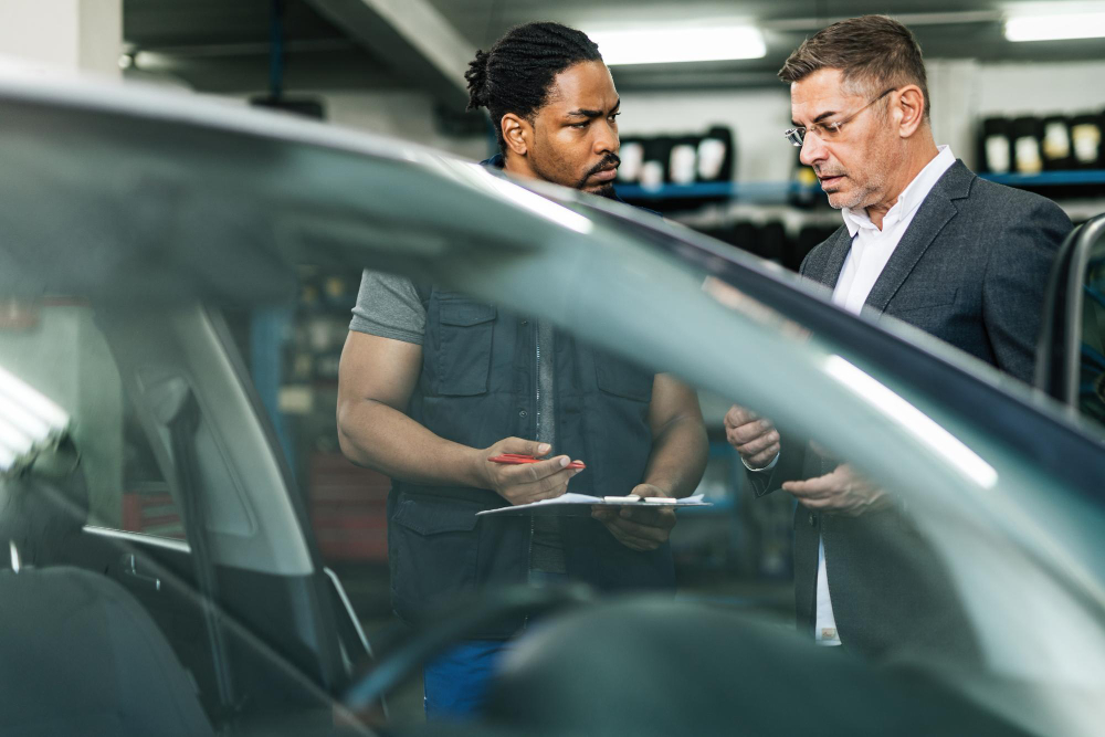 Two people closely inspecting a car’s damage, representing the accident claim assessment process