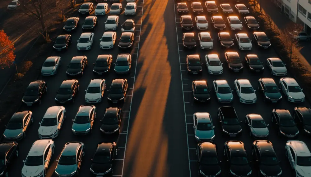 Aerial view of a car dealership parking lot at sunset